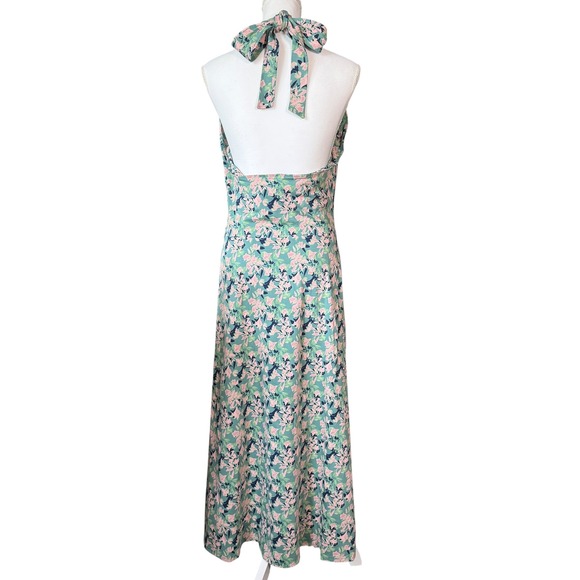 Pact Organic Cotton Floral Halter Maxi Dress Green Pink XL Cross Front Pockets - Picture 5 of 12